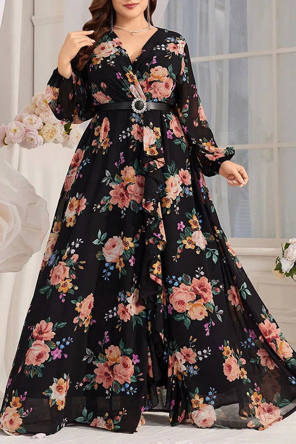 Plus Size Black Floral Print V-Neck Belted Chiffon Maxi Dress with Slit
