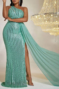 Plus Size Mint Green One Shoulder Striped Sequin Mermaid Gown With Tulle Train