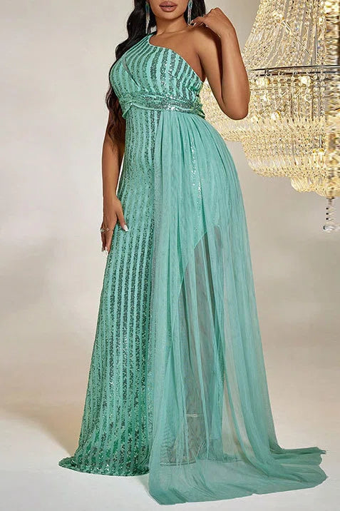 Plus Size Mint Green One Shoulder Striped Sequin Mermaid Gown With Tulle Train