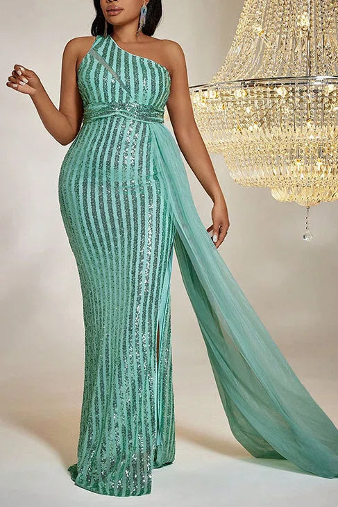 Plus Size Mint Green One Shoulder Striped Sequin Mermaid Gown With Tulle Train