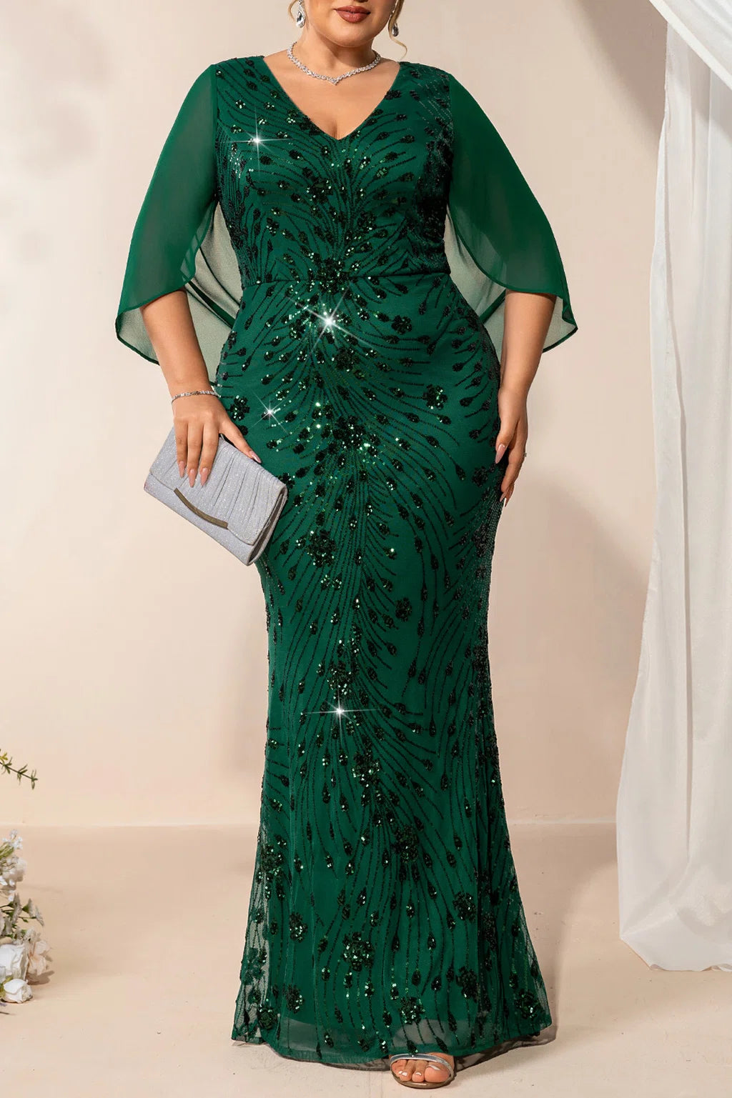 Plus Size Dark Green Beaded Sequin Mermaid Evening Gown With Chiffon Cape Sleeves