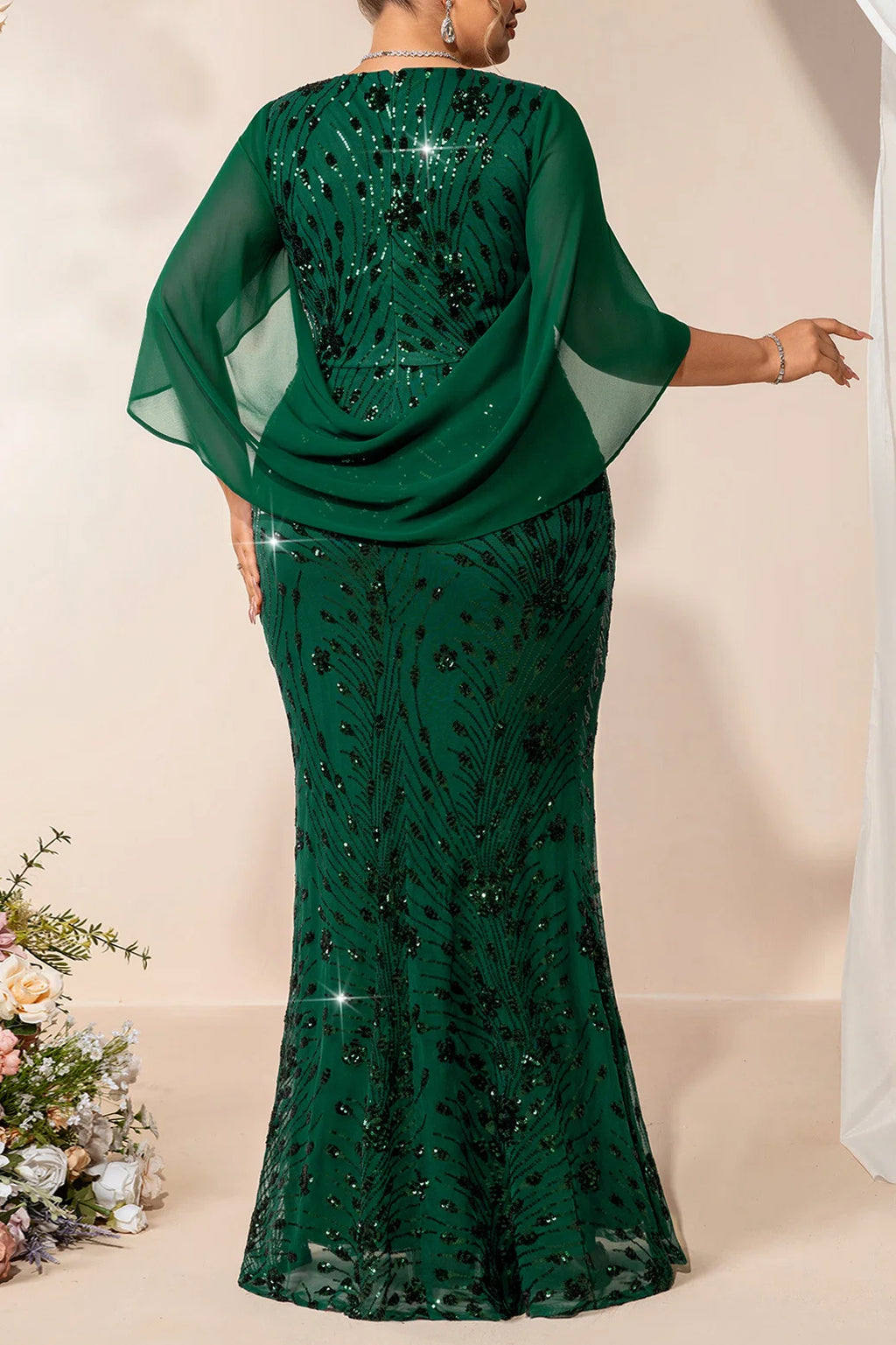 Plus Size Dark Green Beaded Sequin Mermaid Evening Gown With Chiffon Cape Sleeves