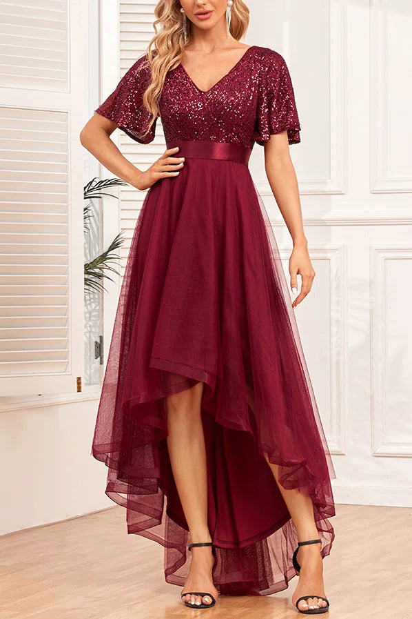 Sequin V Neck Hi-Low Tulle Evening Gown Short Flutter Sleeve Formal Party Dress Plus Size Available