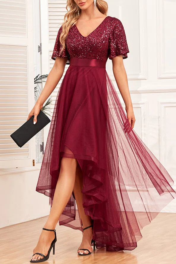 Sequin V Neck Hi-Low Tulle Evening Gown Short Flutter Sleeve Formal Party Dress Plus Size Available