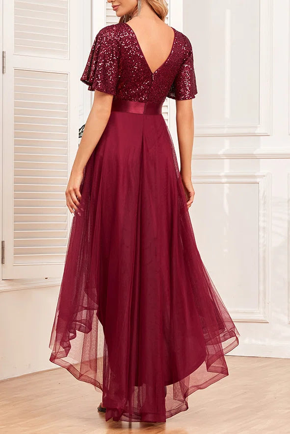 Sequin V Neck Hi-Low Tulle Evening Gown Short Flutter Sleeve Formal Party Dress Plus Size Available