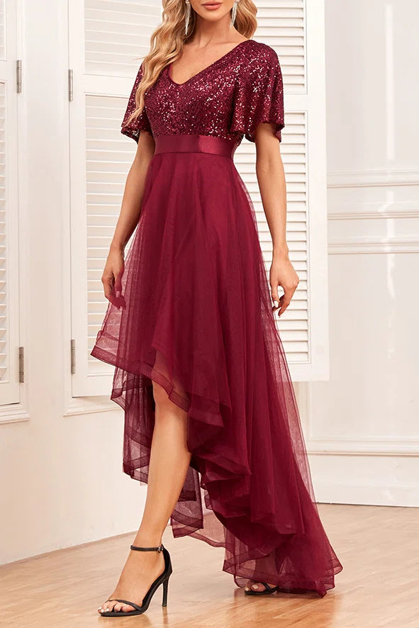 Sequin V Neck Hi-Low Tulle Evening Gown Short Flutter Sleeve Formal Party Dress Plus Size Available