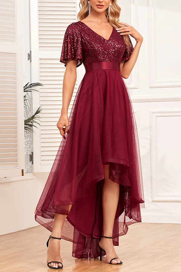 Sequin V Neck Hi-Low Tulle Evening Gown Short Flutter Sleeve Formal Party Dress Plus Size Available