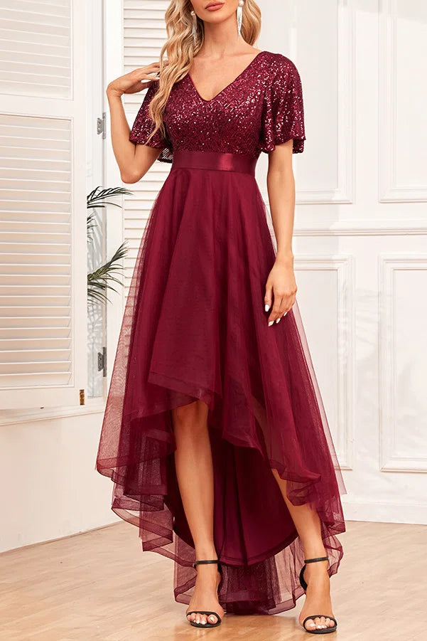 Sequin V Neck Hi-Low Tulle Evening Gown Short Flutter Sleeve Formal Party Dress Plus Size Available