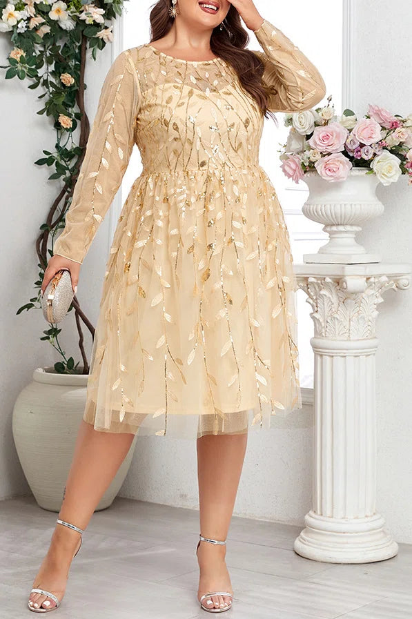 Plus Size Champagne Gold Leaf Beaded Embroidery Long Sleeve A-Line Midi Tulle Party Dress