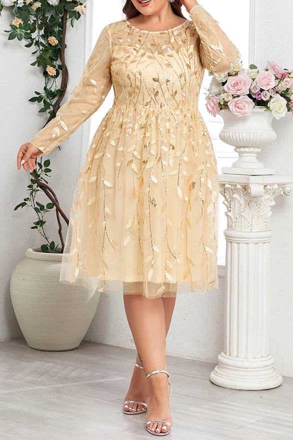 Plus Size Champagne Gold Leaf Beaded Embroidery Long Sleeve A-Line Midi Tulle Party Dress