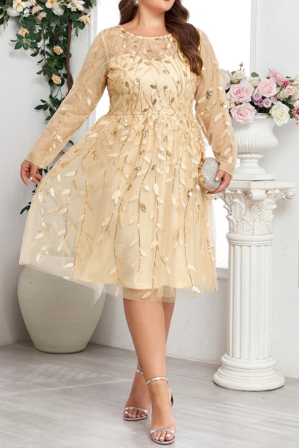 Plus Size Champagne Gold Leaf Beaded Embroidery Long Sleeve A-Line Midi Tulle Party Dress