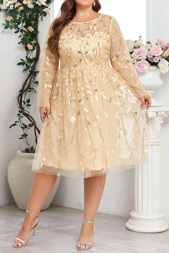 Plus Size Champagne Gold Leaf Beaded Embroidery Long Sleeve A-Line Midi Tulle Party Dress