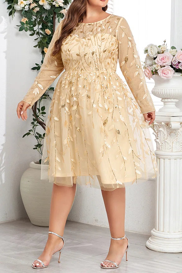 Plus Size Champagne Gold Leaf Beaded Embroidery Long Sleeve A-Line Midi Tulle Party Dress
