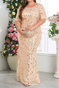 Plus Size Champagne Gold Leaf Sequin Short Sleeve Mermaid Floor Length Evening Gown