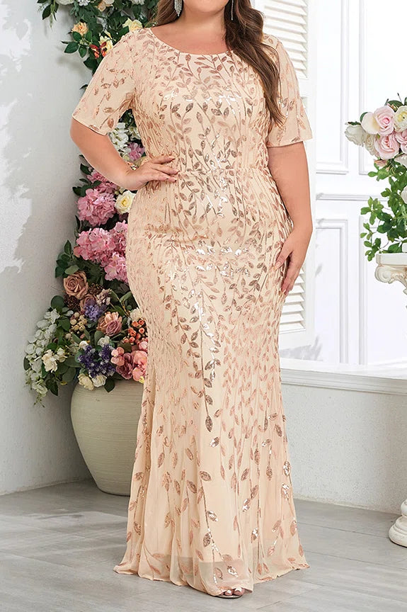 Plus Size Champagne Gold Leaf Sequin Short Sleeve Mermaid Floor Length Evening Gown