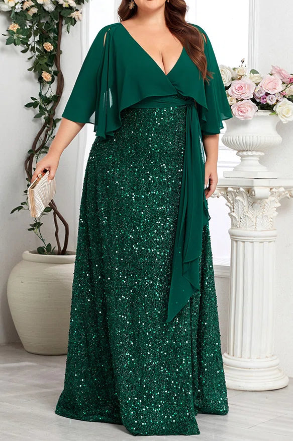Plus Size Dark Green Chiffon Cape Deep V Neck All Over Sequin High Slit Floor Length Evening Gown