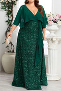 Plus Size Dark Green Chiffon Cape Deep V Neck All Over Sequin High Slit Floor Length Evening Gown