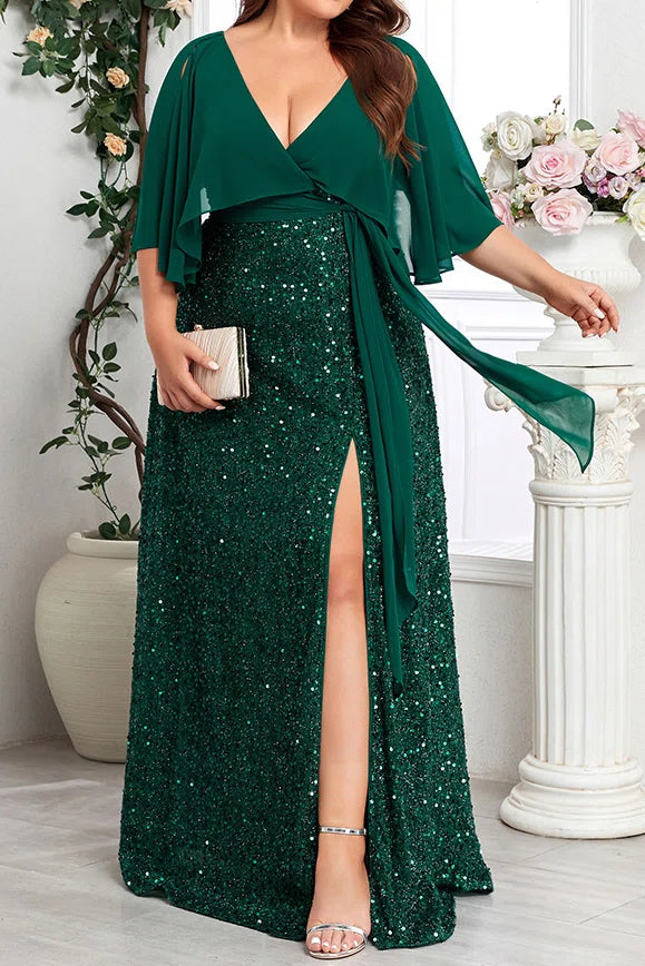 Plus Size Dark Green Chiffon Cape Deep V Neck All Over Sequin High Slit Floor Length Evening Gown