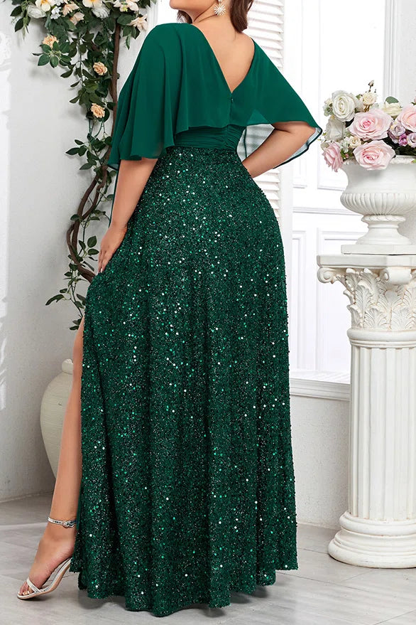 Plus Size Dark Green Chiffon Cape Deep V Neck All Over Sequin High Slit Floor Length Evening Gown