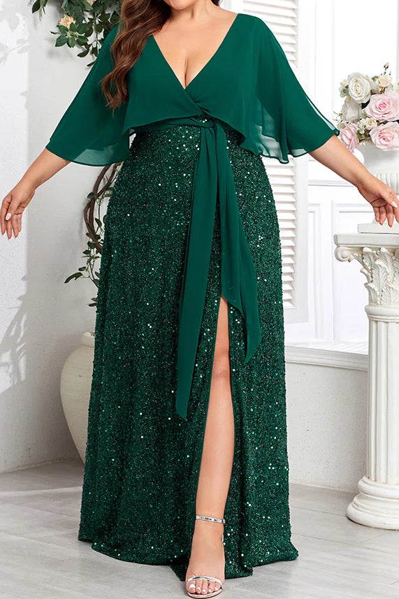 Plus Size Dark Green Chiffon Cape Deep V Neck All Over Sequin High Slit Floor Length Evening Gown
