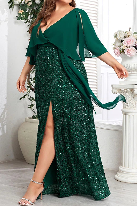 Plus Size Dark Green Chiffon Cape Deep V Neck All Over Sequin High Slit Floor Length Evening Gown
