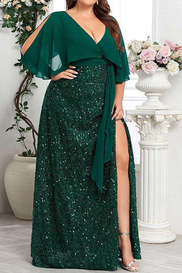 Plus Size Dark Green Chiffon Cape Deep V Neck All Over Sequin High Slit Floor Length Evening Gown
