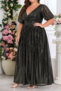 Plus Size Black Rhinestone Deep V Puff Short Sleeve High Waist A-Line Floor Length Evening Maxi Dress