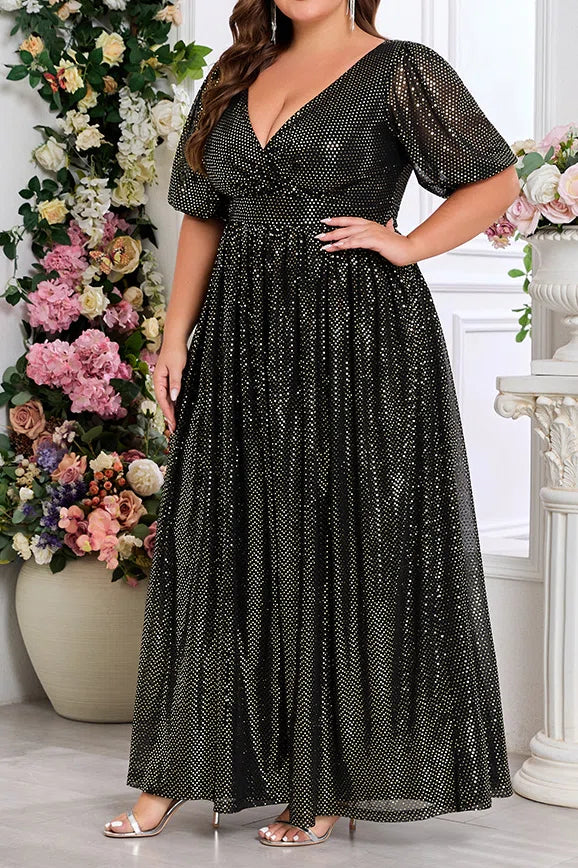 Plus Size Black Rhinestone Deep V Puff Short Sleeve High Waist A-Line Floor Length Evening Maxi Dress