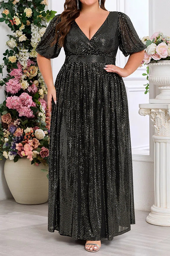 Plus Size Black Rhinestone Deep V Puff Short Sleeve High Waist A-Line Floor Length Evening Maxi Dress
