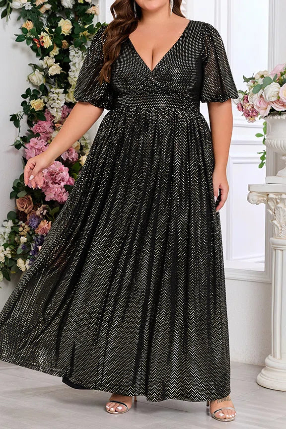 Plus Size Black Rhinestone Deep V Puff Short Sleeve High Waist A-Line Floor Length Evening Maxi Dress