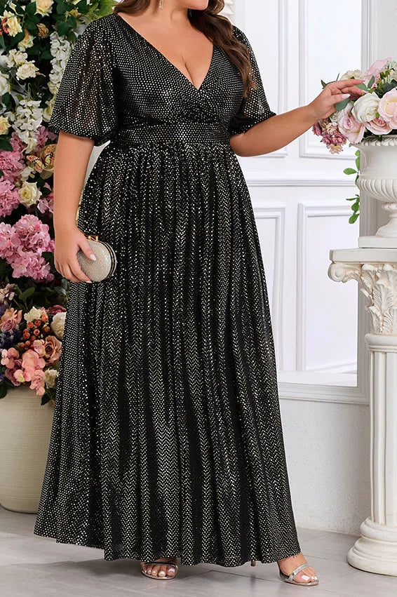 Plus Size Black Rhinestone Deep V Puff Short Sleeve High Waist A-Line Floor Length Evening Maxi Dress