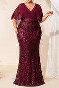 Plus Size Wine Red Chiffon Cape Deep V Vertical Stripe Sequin Mermaid Floor Length Evening Gown