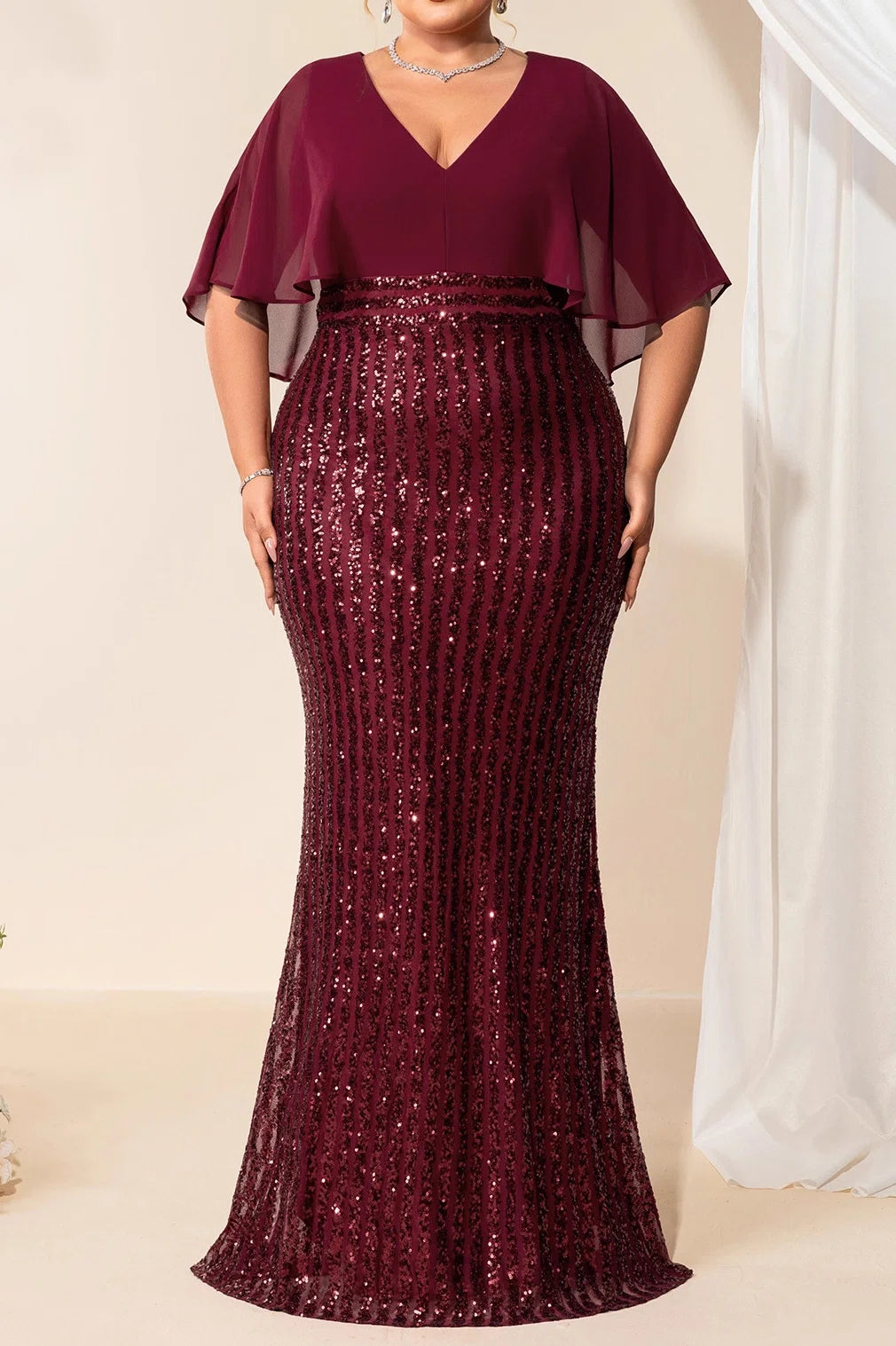 Plus Size Wine Red Chiffon Cape Deep V Vertical Stripe Sequin Mermaid Floor Length Evening Gown