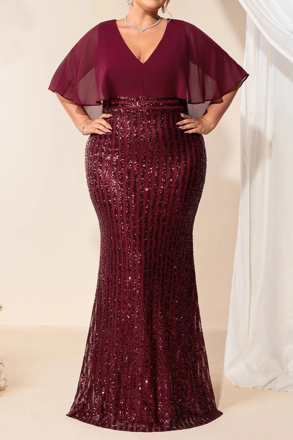 Plus Size Wine Red Chiffon Cape Deep V Vertical Stripe Sequin Mermaid Floor Length Evening Gown