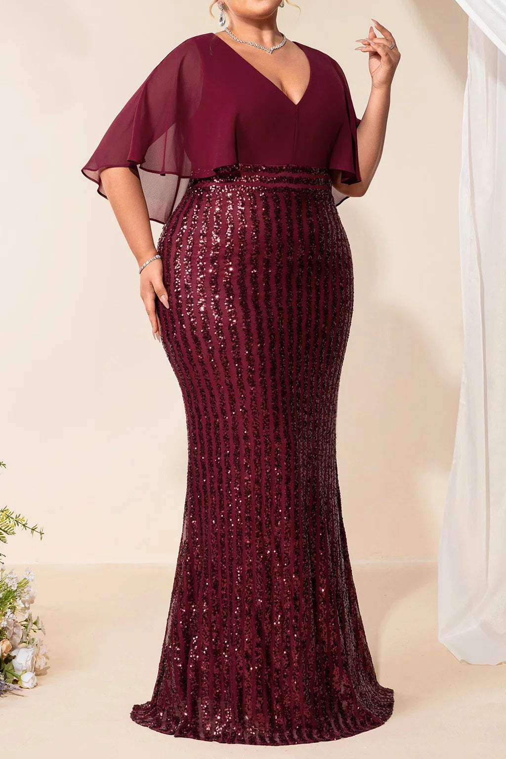 Plus Size Wine Red Chiffon Cape Deep V Vertical Stripe Sequin Mermaid Floor Length Evening Gown