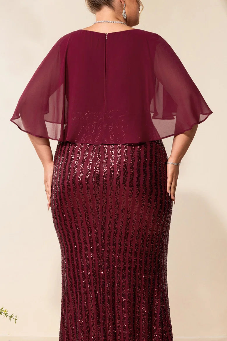 Plus Size Wine Red Chiffon Cape Deep V Vertical Stripe Sequin Mermaid Floor Length Evening Gown