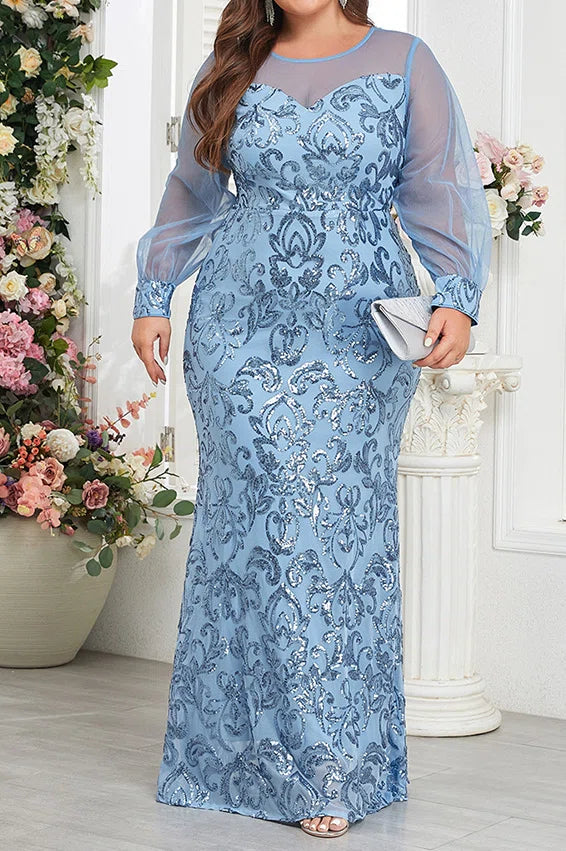 Plus Size Sky Blue Sheer Mesh Long Sleeve Heart Neck Baroque Sequin Mermaid Floor Length Evening Maxi Dress