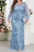 Plus Size Sky Blue Sheer Mesh Long Sleeve Heart Neck Baroque Sequin Mermaid Floor Length Evening Maxi Dress