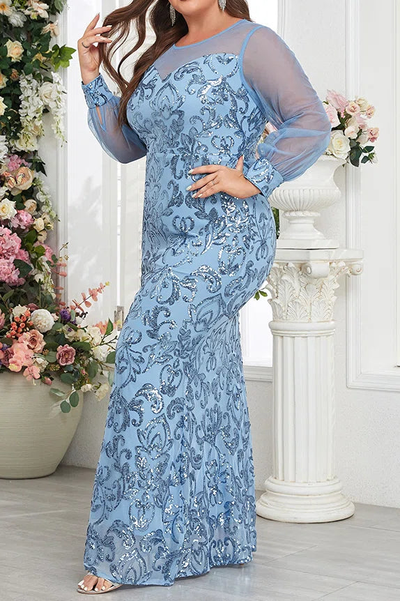 Plus Size Sky Blue Sheer Mesh Long Sleeve Heart Neck Baroque Sequin Mermaid Floor Length Evening Maxi Dress
