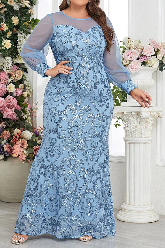 Plus Size Sky Blue Sheer Mesh Long Sleeve Heart Neck Baroque Sequin Mermaid Floor Length Evening Maxi Dress
