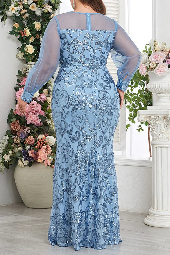Plus Size Sky Blue Sheer Mesh Long Sleeve Heart Neck Baroque Sequin Mermaid Floor Length Evening Maxi Dress