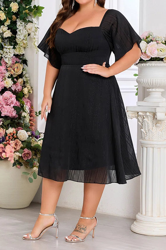 Plus Size Black Glitter Chiffon Two-Way Off Shoulder Square Neck Midi A-Line Party Dress
