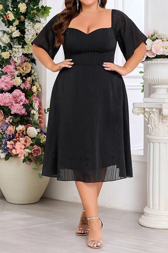Plus Size Black Glitter Chiffon Two-Way Off Shoulder Square Neck Midi A-Line Party Dress