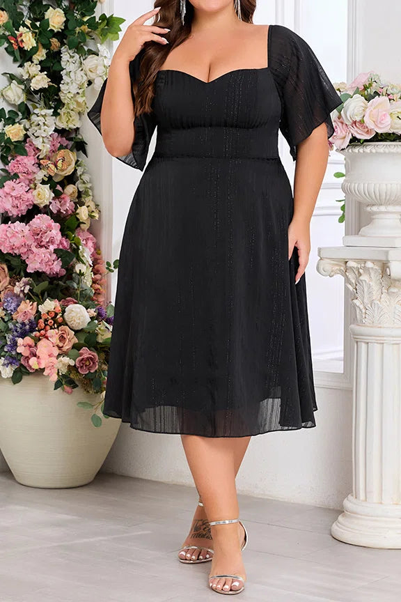 Plus Size Black Glitter Chiffon Two-Way Off Shoulder Square Neck Midi A-Line Party Dress