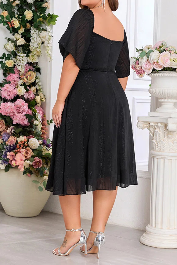 Plus Size Black Glitter Chiffon Two-Way Off Shoulder Square Neck Midi A-Line Party Dress