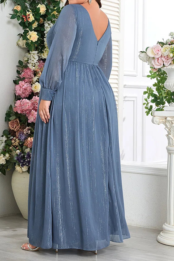 Plus Size Dusty Blue Glitter Ice Chiffon Deep V Puff Long Sleeve Ruched High Waist A-Line Floor Length Evening Maxi Dress