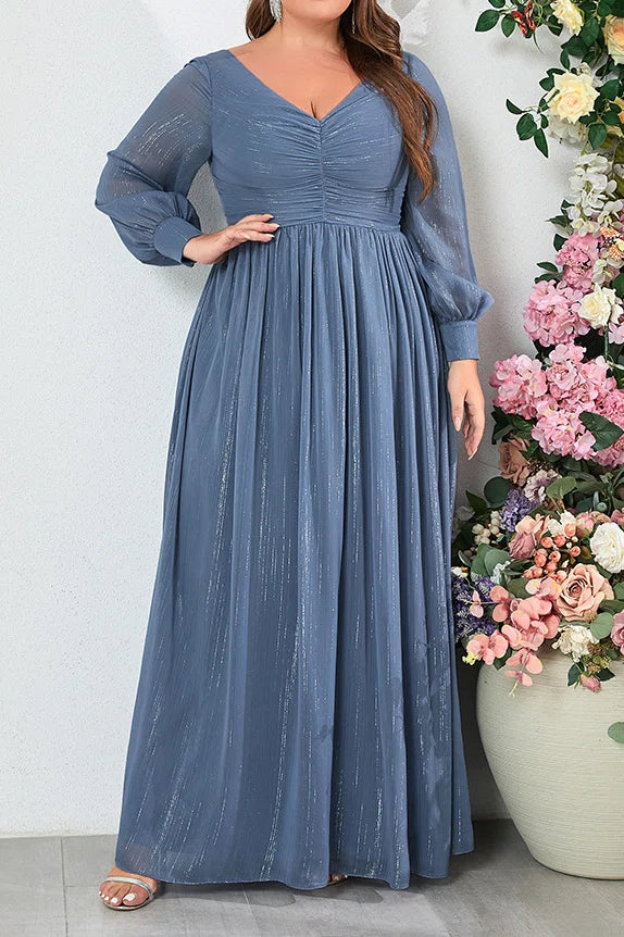 Plus Size Dusty Blue Glitter Ice Chiffon Deep V Puff Long Sleeve Ruched High Waist A-Line Floor Length Evening Maxi Dress