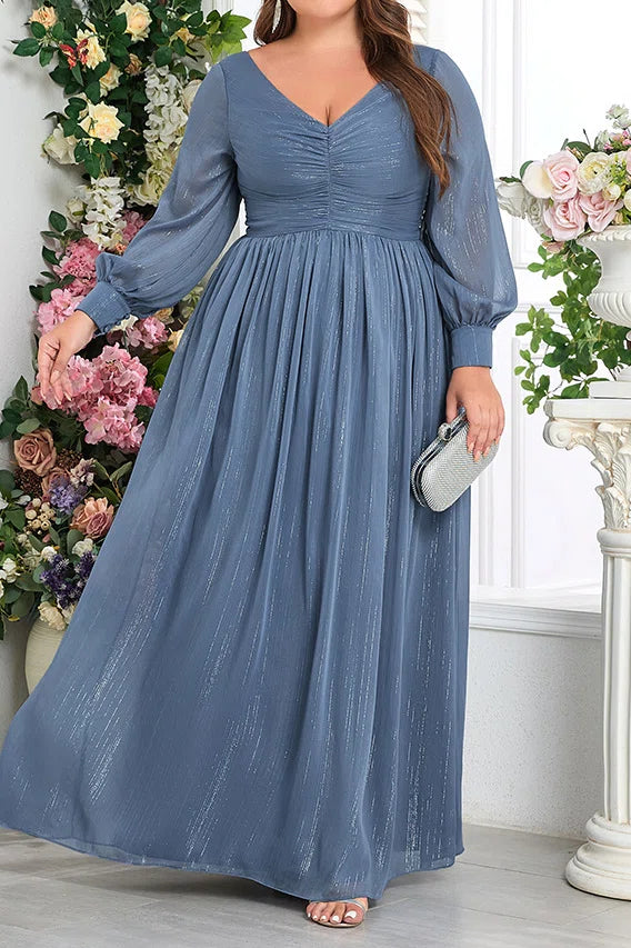 Plus Size Dusty Blue Glitter Ice Chiffon Deep V Puff Long Sleeve Ruched High Waist A-Line Floor Length Evening Maxi Dress