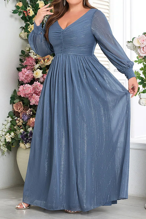 Plus Size Dusty Blue Glitter Ice Chiffon Deep V Puff Long Sleeve Ruched High Waist A-Line Floor Length Evening Maxi Dress