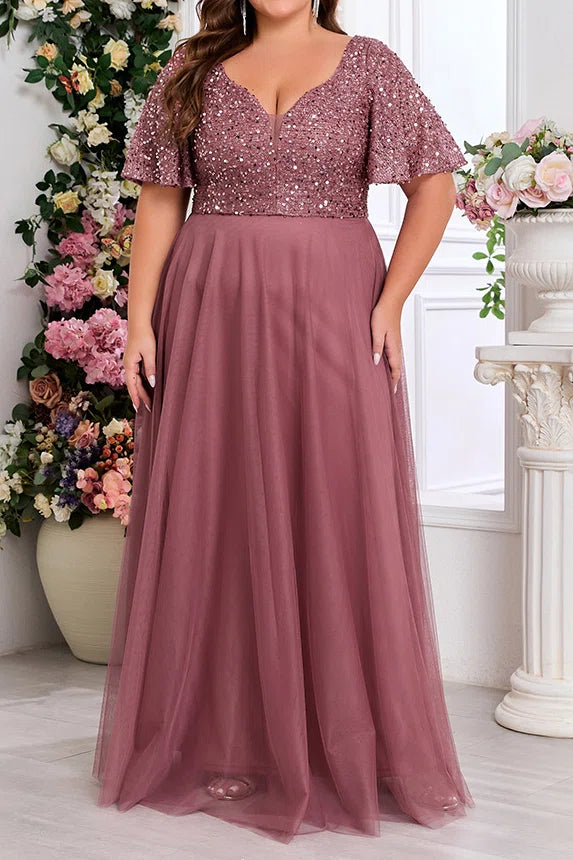 Plus Size Dusty Rose Beaded Sequin Flutter Short Sleeve V-Neck High Waist Tulle A-Line Floor Length Evening Maxi Dress